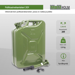 Metallinen polttoainekanisteri 20 l, olivinvihreä, joustava kaatonokka, UN-hyväksytty