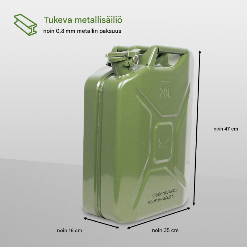 Metallinen polttoainekanisteri 20 l, olivinvihreä, joustava kaatonokka, UN-hyväksytty