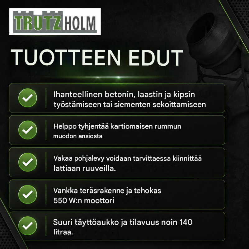 TRUTZHOLM TH-140L betonimylly, 140 l, 550 W, 230 V, teräs