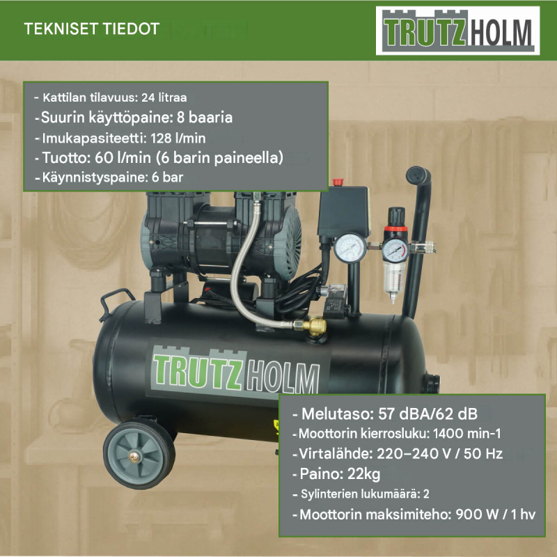 TRUTZHOLM TH-fk24l hiljainen Brushless-kompressori, 900 W, 24 l, 8 bar