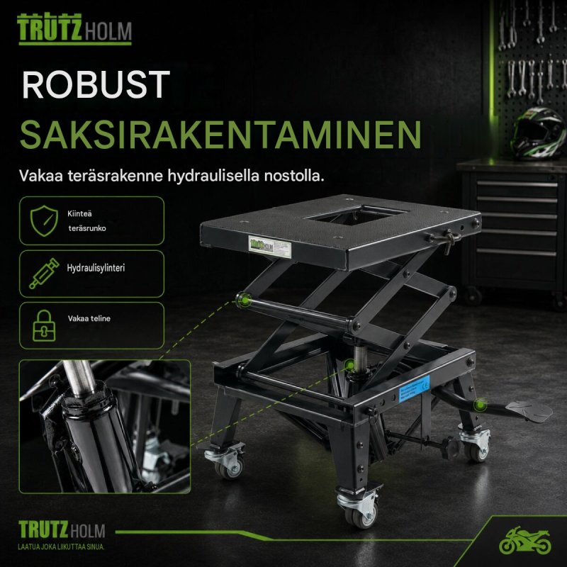 TRUTZHOLM Dirtbike-huoltonostin, hydraulinen, 160 kg, 310–740 mm, musta