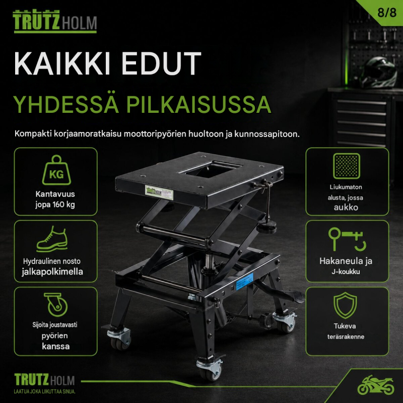 TRUTZHOLM Dirtbike-huoltonostin, hydraulinen, 160 kg, 310–740 mm, musta
