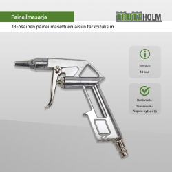 13-osainen paineilmasarja, maaliruisku, renkaantäyttölaite, puhalluspistooli ja 5 m spiraaliletku