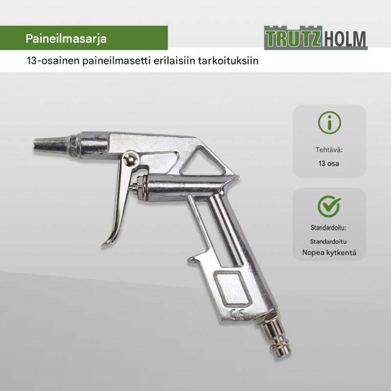 13-osainen paineilmasarja, maaliruisku, renkaantäyttölaite, puhalluspistooli ja 5 m spiraaliletku