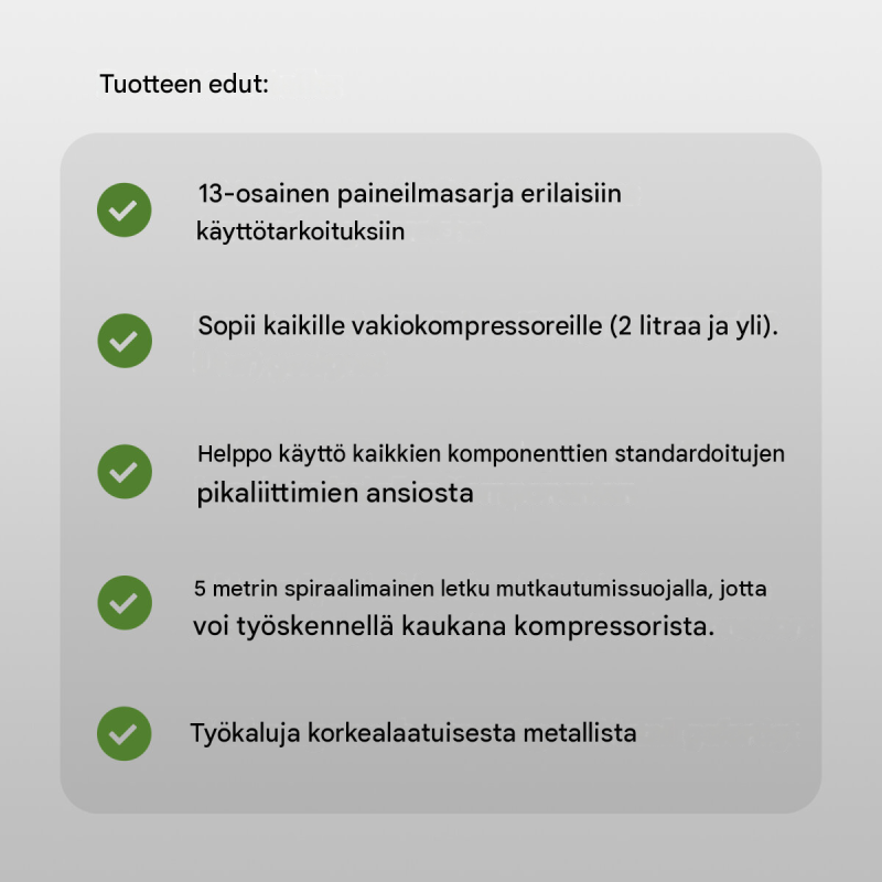 13-osainen paineilmasarja, maaliruisku, renkaantäyttölaite, puhalluspistooli ja 5 m spiraaliletku