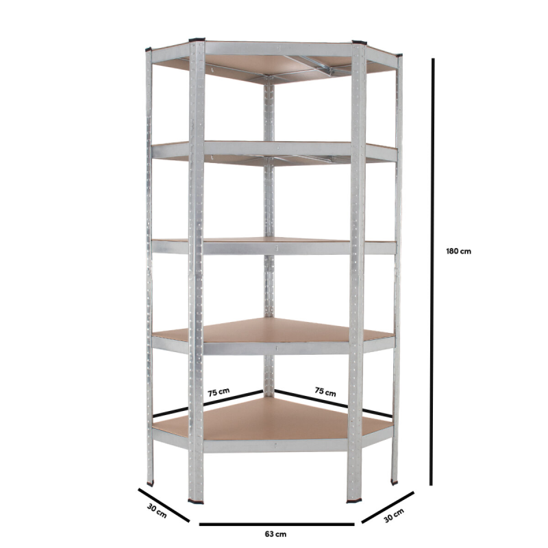 TRUTZHOLM kulmahylly 180 x 75 x 30 cm, galvanoitu teräs, 5 hyllytasoa, 875 kg