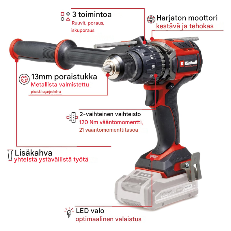 Einhell TP-CD 18/120 Li-i BL iskuporakone, 18 V, 120 Nm, 2,5 Ah akku ja laturi