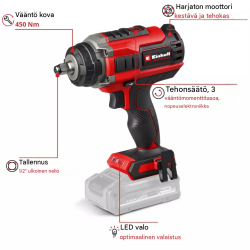 Einhell IMPAXXO 18/450 Solo -akkumutterinväännin, 18 V, 450 Nm, mutterisarja ja LED-valo