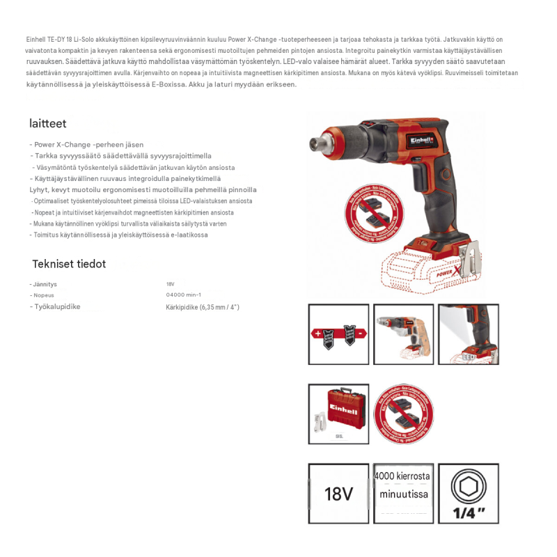 Einhell TE-DY 18 Li -solo-akkuruuvinväännin kuivaseinäruuvaukseen, 18V, LED-valaistus