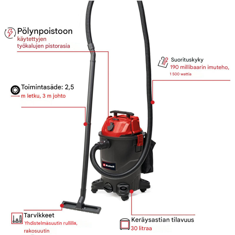 Einhell TC-VC 1930 A märkä-kuivaimuri, 1500 W, 30 L, automaattinen laitepistorasia