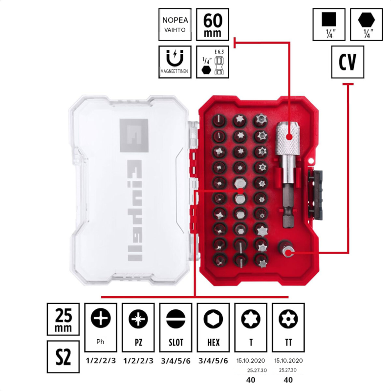 Einhell XS-CASE bittikasetti 32-osainen, 30 x 25 mm S2-teräsbitit