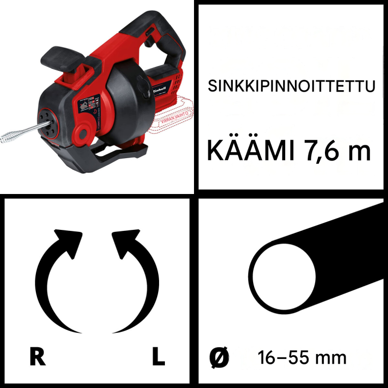 Einhell TE-DA 18/760 Li-Solo akkuputkenpuhdistin, 16–55 mm, 7,6 m:n kierukka, 2,5 Ah:n akku ja laturi