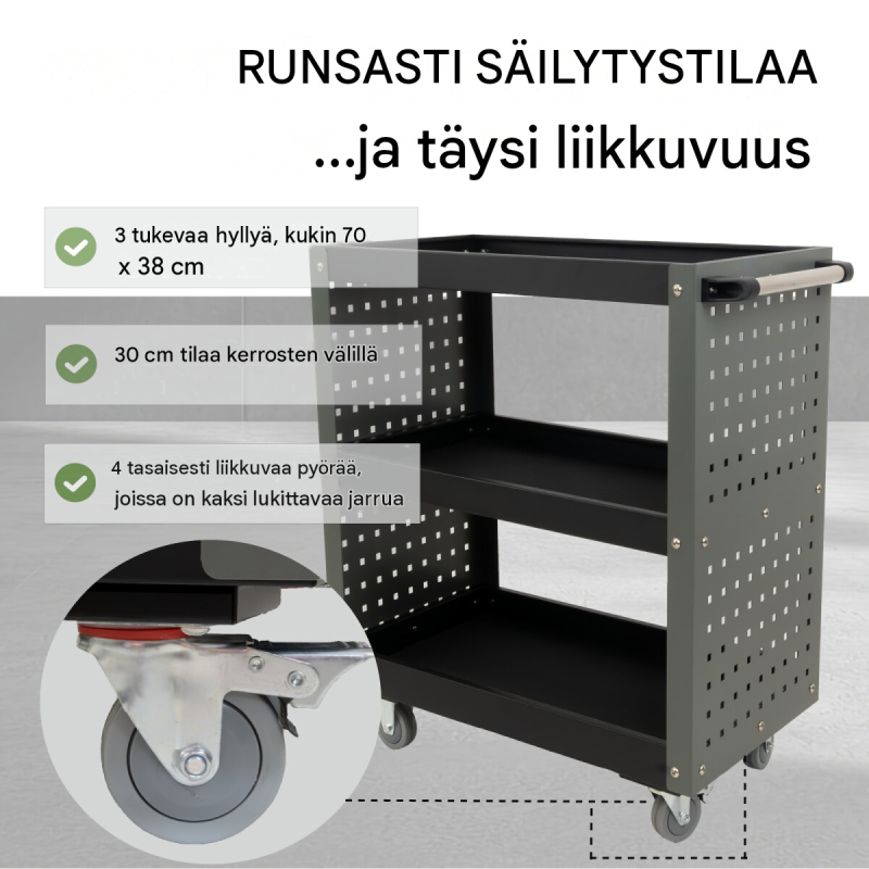 TRUTZHOLM työkalukärry 3 tasoa, harmaa, teräs, 70 x 39 x 79 cm, 300 kg