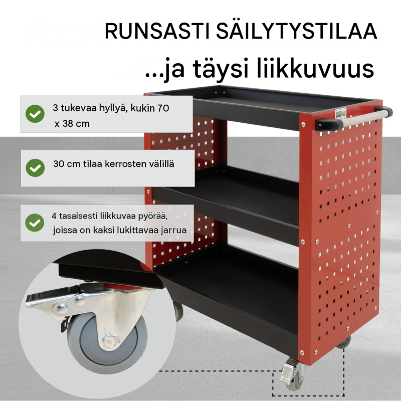 TRUTZHOLM työkaluvaunu 3 tasoa, punainen, 70 x 39 x 79 cm, 300 kg