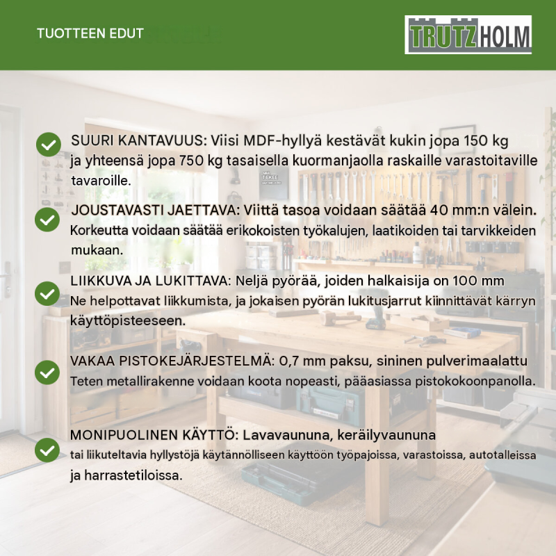 Hyllyvaunu 5 tasoa, sininen, 750 kg, 115 x 90 x 45 cm