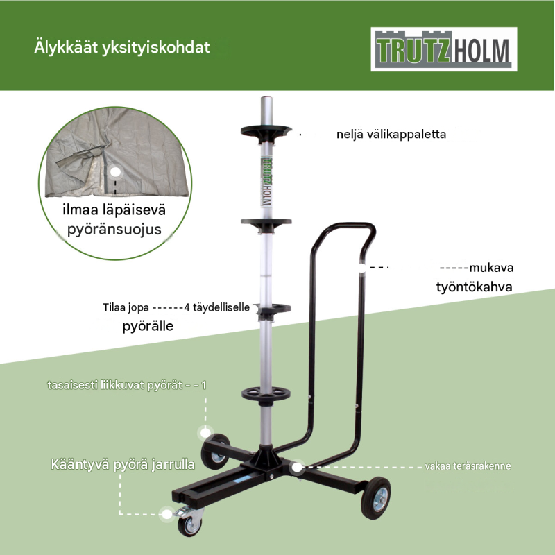 Siirrettävä vanteiden säilytysteline 4 renkaalle, suojahuppu, 100 kg