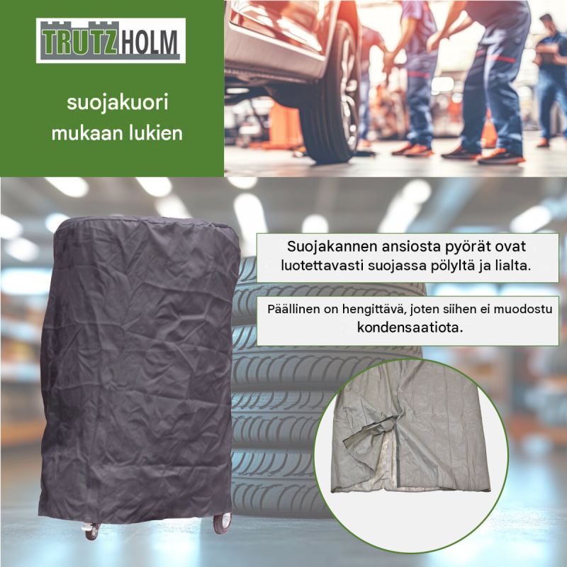 Siirrettävä vanteiden säilytysteline 4 renkaalle, suojahuppu, 100 kg