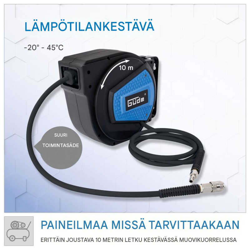 Güde automaattinen paineilmaletkukela 10 m, 12 bar, 180° kääntyvä