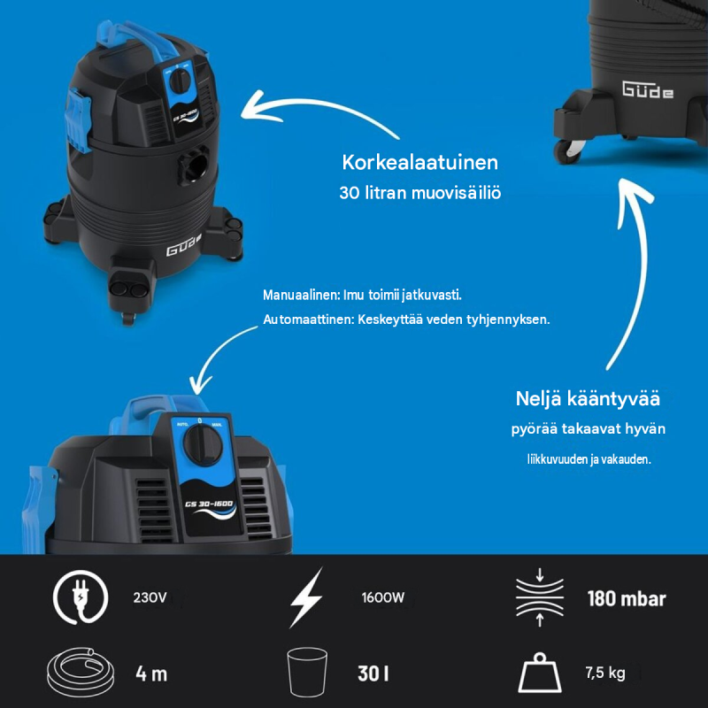 Güde GS 30-1600 3 in 1 allasimuri, 1600 W, 30 l, 4 m imuletku