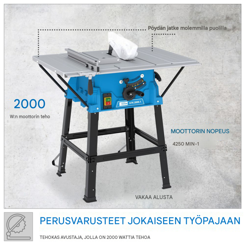 GÜDE GTK 2000.1 pöytäsirkkeli, 2 000 W, 250 mm HM-sahanterä, teräksinen alusta