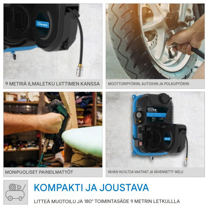 Güde seinäkompressori, 8 bar, 9 m paineilmaletku, 230 V