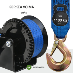 TRUTZHOLM-käsivinssi 1133 kg, 10 m polyesterivyö, kuormakoukku, veneiden kuljetukseen