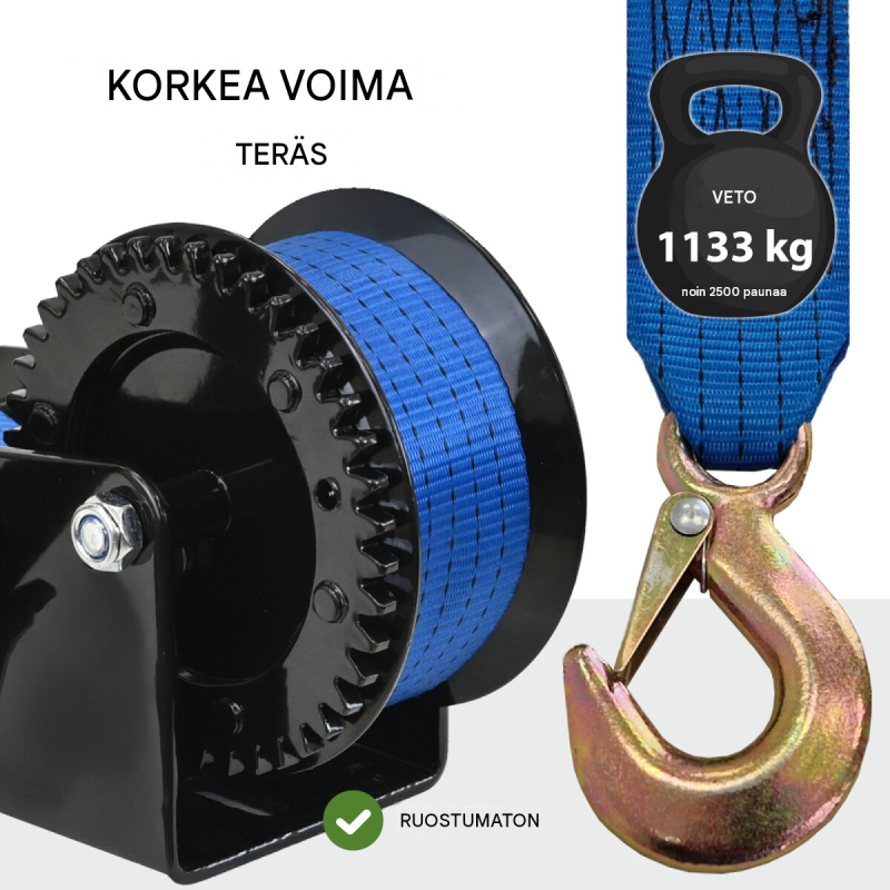 TRUTZHOLM-käsivinssi 1133 kg, 10 m polyesterivyö, kuormakoukku, veneiden kuljetukseen