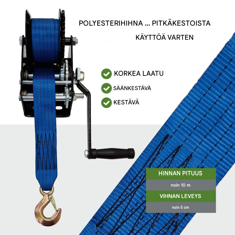 TRUTZHOLM-käsivinssi 1133 kg, 10 m polyesterivyö, kuormakoukku, veneiden kuljetukseen