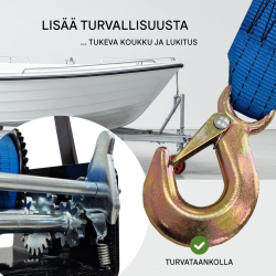 TRUTZHOLM-käsivinssi 1133 kg, 10 m polyesterivyö, kuormakoukku, veneiden kuljetukseen