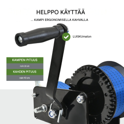 TRUTZHOLM-käsivinssi 1133 kg, 10 m polyesterivyö, kuormakoukku, veneiden kuljetukseen