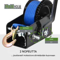 TRUTZHOLM-käsivinssi 1133 kg, 10 m polyesterivyö, kuormakoukku, veneiden kuljetukseen