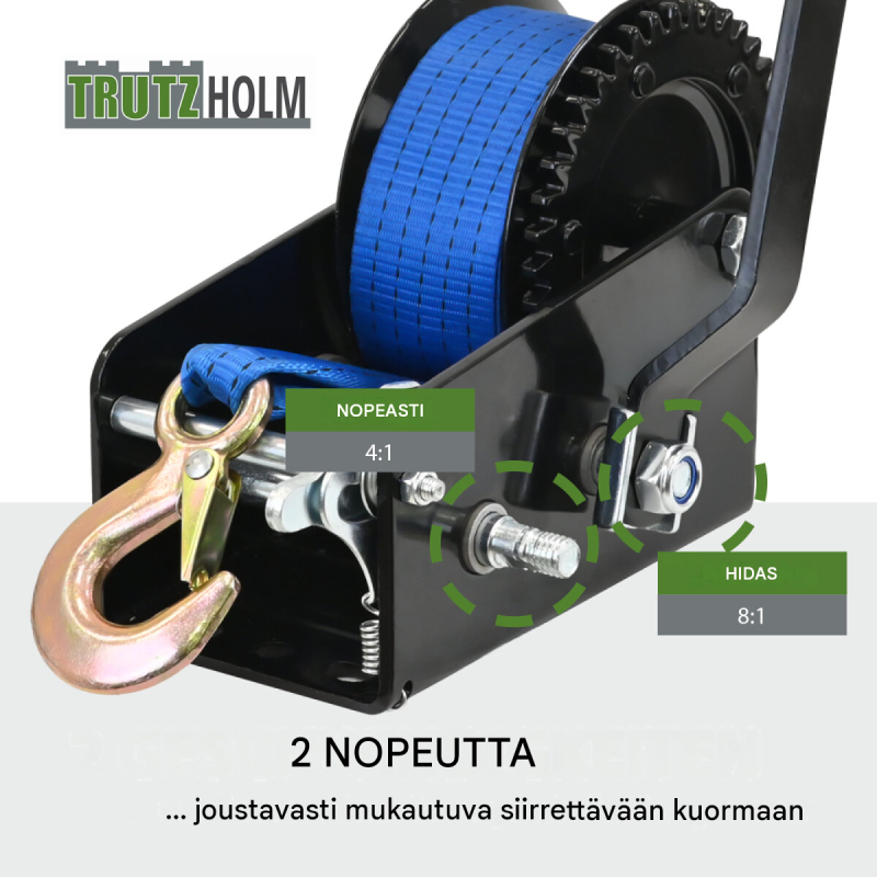 TRUTZHOLM-käsivinssi 1133 kg, 10 m polyesterivyö, kuormakoukku, veneiden kuljetukseen