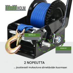 TRUTZHOLM-hihnavinssi 1360 kg, 10 m polyesterihihna, 2 välitystä, venetrailerille