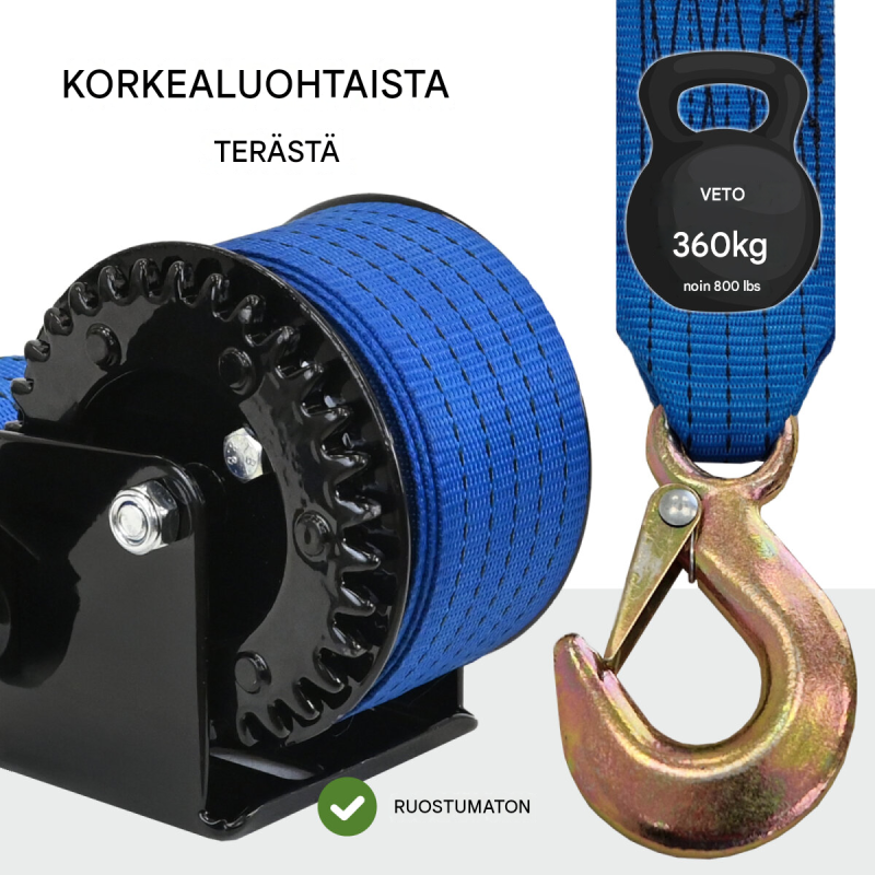 TRUTZHOLM hihnavinssi 360 kg, 8 m polyesterihihna, käsikampi, perävaunuihin ja venetrailereihin