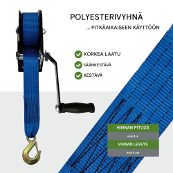 TRUTZHOLM hihnavinssi 360 kg, 8 m polyesterihihna, käsikampi, perävaunuihin ja venetrailereihin