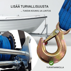 TRUTZHOLM hihnavinssi 360 kg, 8 m polyesterihihna, käsikampi, perävaunuihin ja venetrailereihin