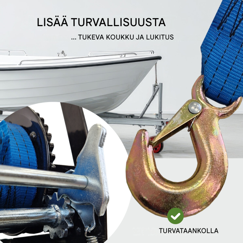 TRUTZHOLM hihnavinssi 360 kg, 8 m polyesterihihna, käsikampi, perävaunuihin ja venetrailereihin