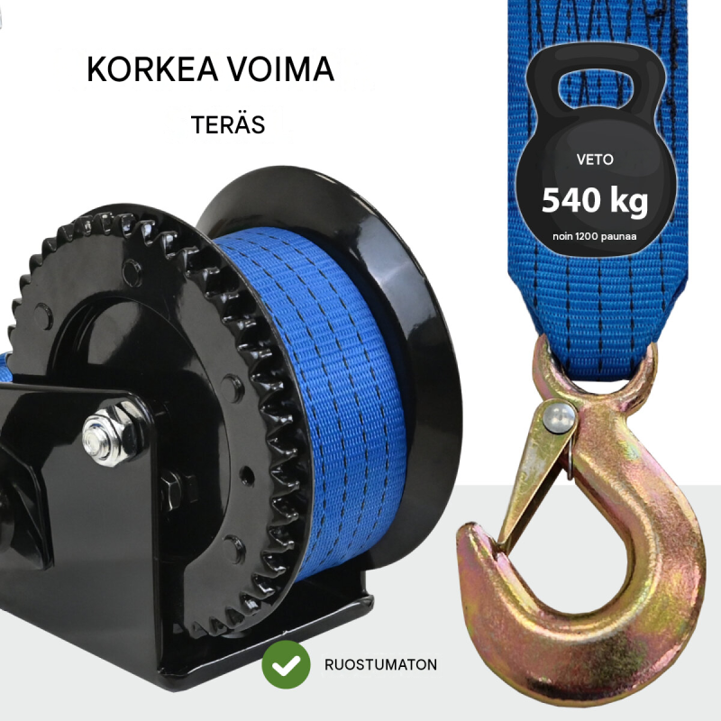 TRUTZHOLM käsivinssi 540 kg, 10 m polyesterihihna, kuormakoukku, musta veljeni