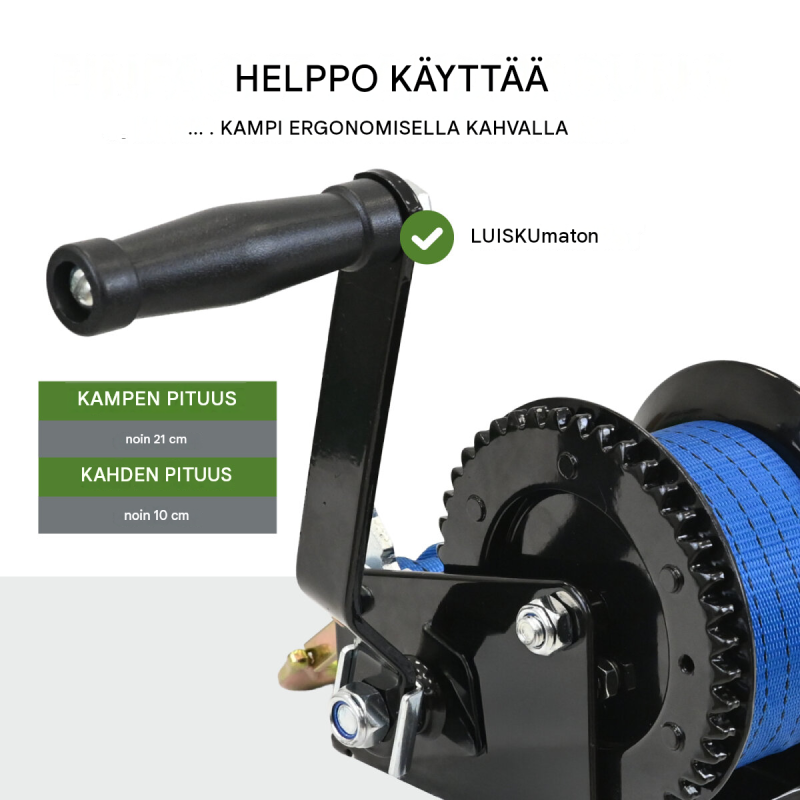TRUTZHOLM käsivinssi 540 kg, 10 m polyesterihihna, kuormakoukku, musta veljeni