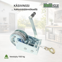 Käsivinssi 1130 kg, 10 m sinkitty teräsvaijeri, kaksi välityssuhdetta