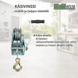 Käsivinssi 1130 kg, 10 m sinkitty teräsvaijeri, kaksi välityssuhdetta