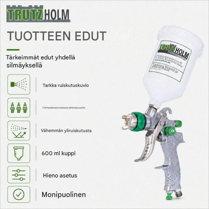 HVLP-ruiskumaalain 3 suutinta, 1,4 1,7 ja 2,0 mm, 600 ml säiliö
