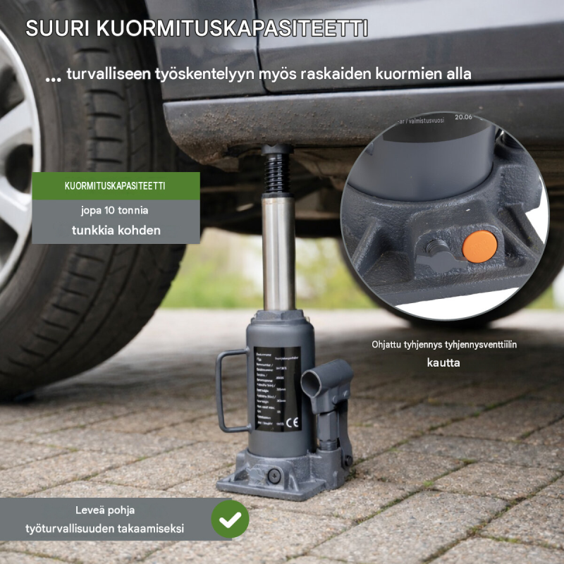 Hydraulinen pullotunkki 10 t, 205–390 mm nostokorkeus, teräs