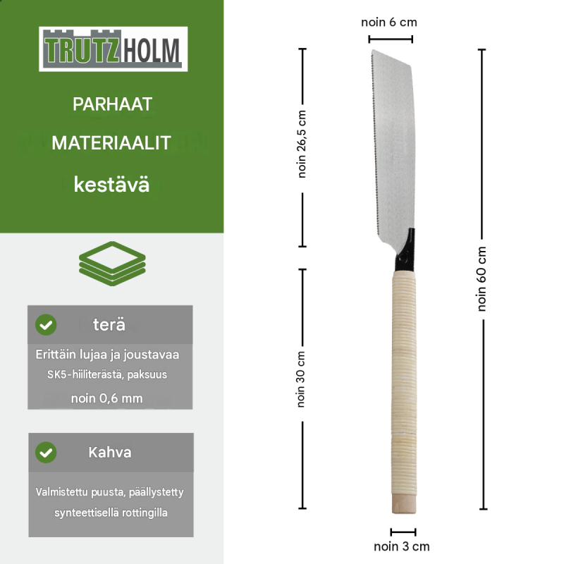 TRUTZHOLM japaninsaha, 265 mm SK5-karbonterä, 0,6 mm, 3D-trapetsihammastus