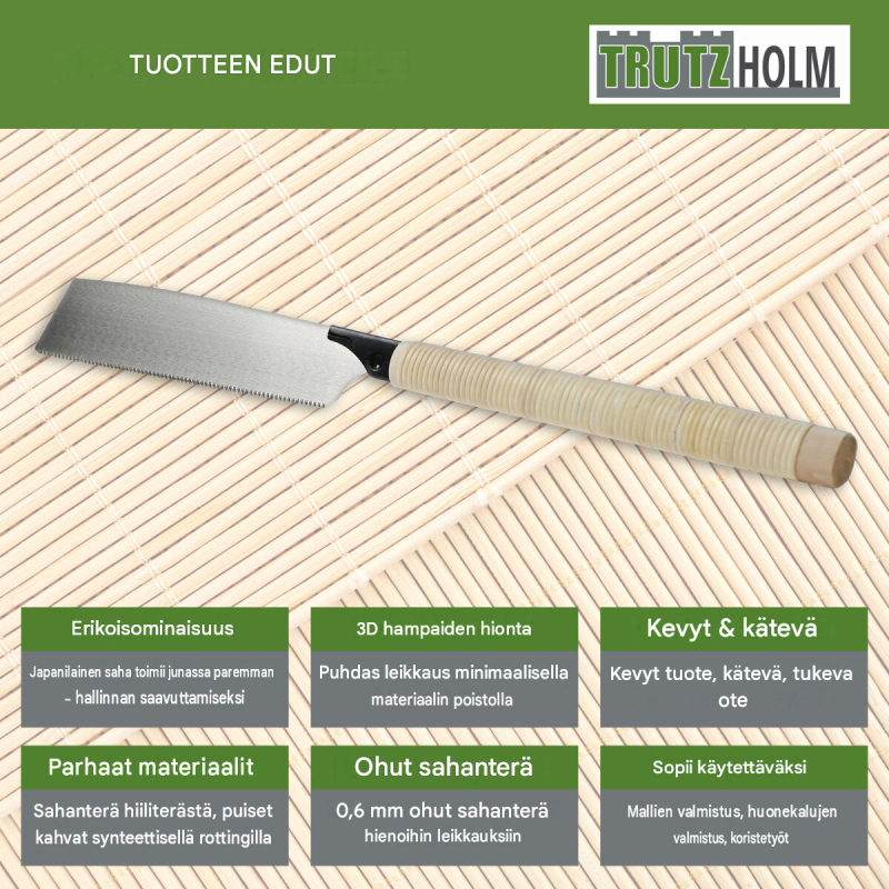 TRUTZHOLM japaninsaha, 265 mm SK5-karbonterä, 0,6 mm, 3D-trapetsihammastus