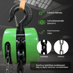 Ketjutalja 3000 kg, 3 m nostokorkeus, teräs, 360° kääntyvät koukut