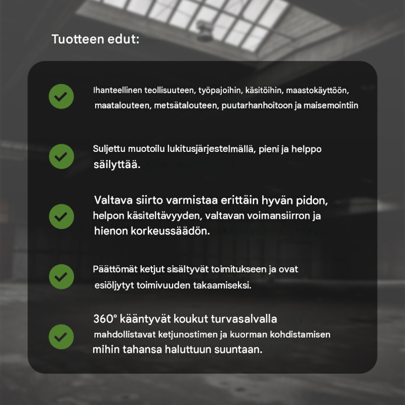 Ketjutalja 3000 kg, 3 m nostokorkeus, teräs, 360° kääntyvät koukut