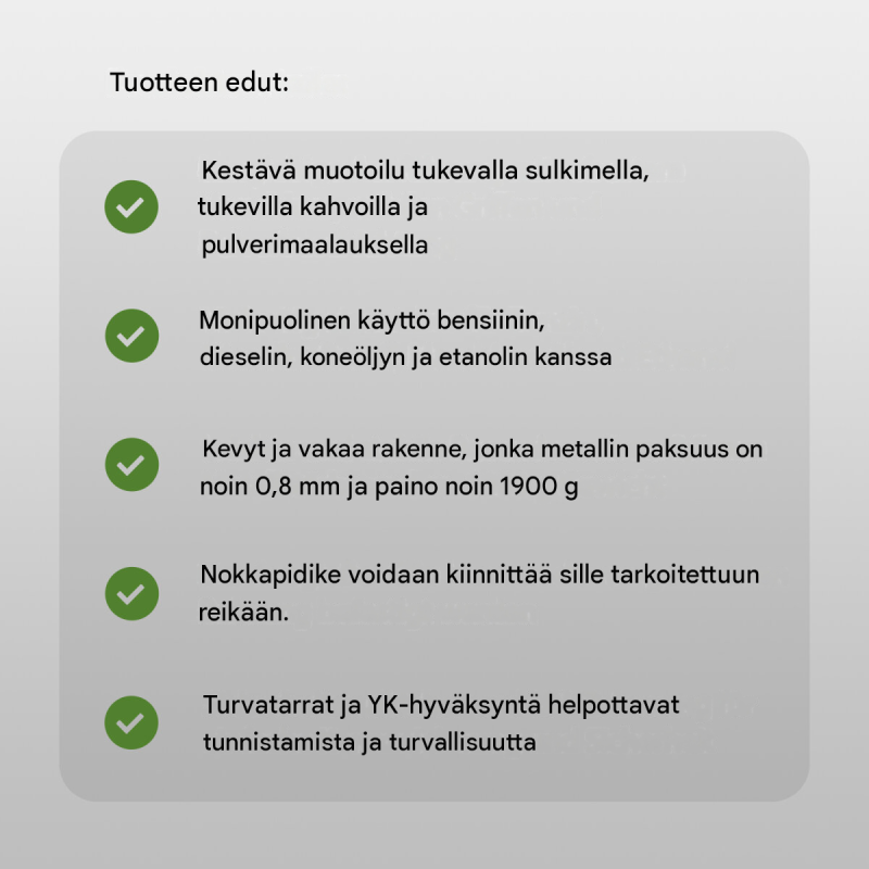 Metallinen polttoainekanisteri 10 l, musta, naarmuuntumaton, kaatonokka ja pidike, UN-hyväksyntä