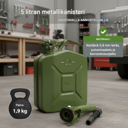 Metallinen polttoainekanisteri 5 l, olivinvihreä, UN-hyväksyntä, joustava kaatonokka