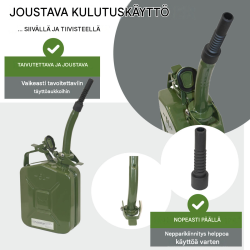 Metallinen polttoainekanisteri 5 l, olivinvihreä, UN-hyväksyntä, joustava kaatonokka